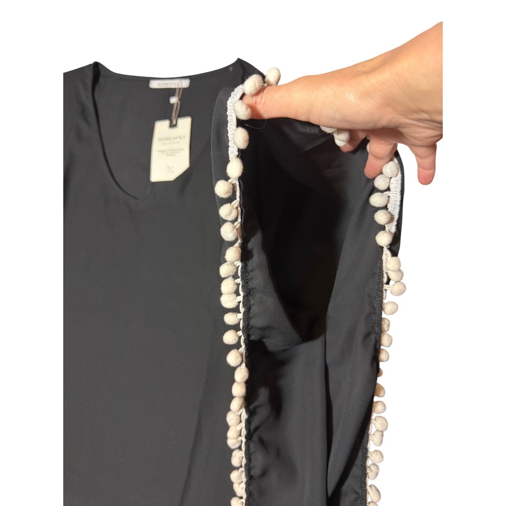 Adreamly Black Pom Pom Trim Kaftan V-Neck Beach Swim Cover Up New - Picture 4 of 8